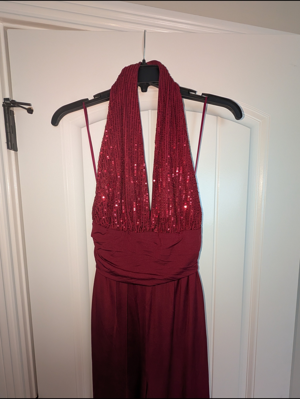 Sequined Halter Burgundy Evening Jumpsuit